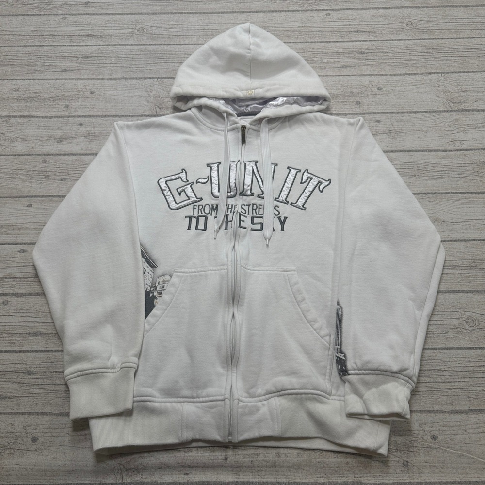 G-Unit Hoodie Men's Large White Graphic Fleece Lined Loose Fit Streetwear Y2K